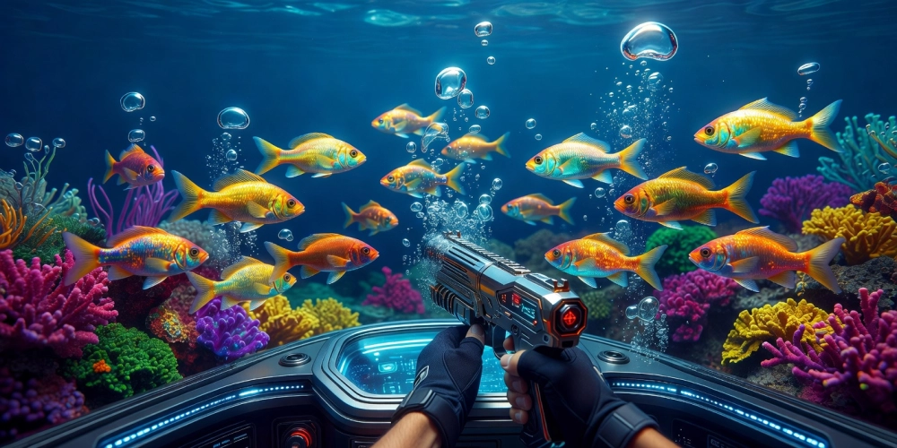 Hình minh họa giao diện bắn cá vàng nh88 với cá vàng lấp lánh và súng bắn hiện đại