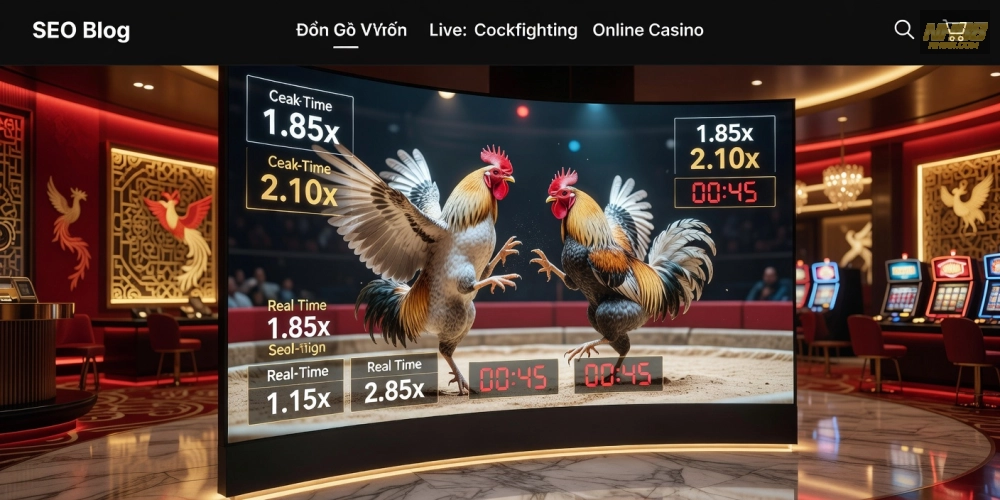 Minh họa khái niệm đá gà trực tiếp casino nh88 với hình ảnh trường đấu hiện đại và giao diện cá cược trực tuyến.
