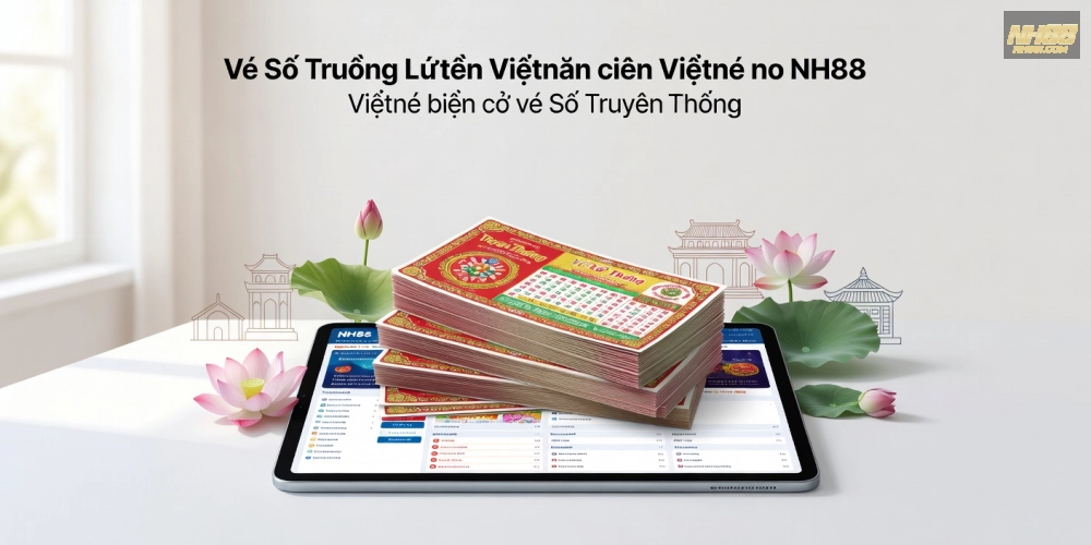 Minh họa khái niệm xổ số kiến thiết nh88 với hình ảnh vé số truyền thống kết hợp nền tảng trực tuyến