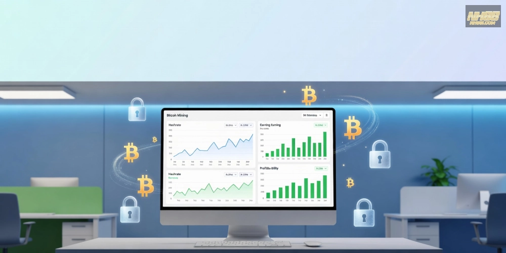 Minh họa khái niệm đào Bitcoin trên nền tảng NH88 với giao diện thân thiện và biểu đồ lợi nhuận