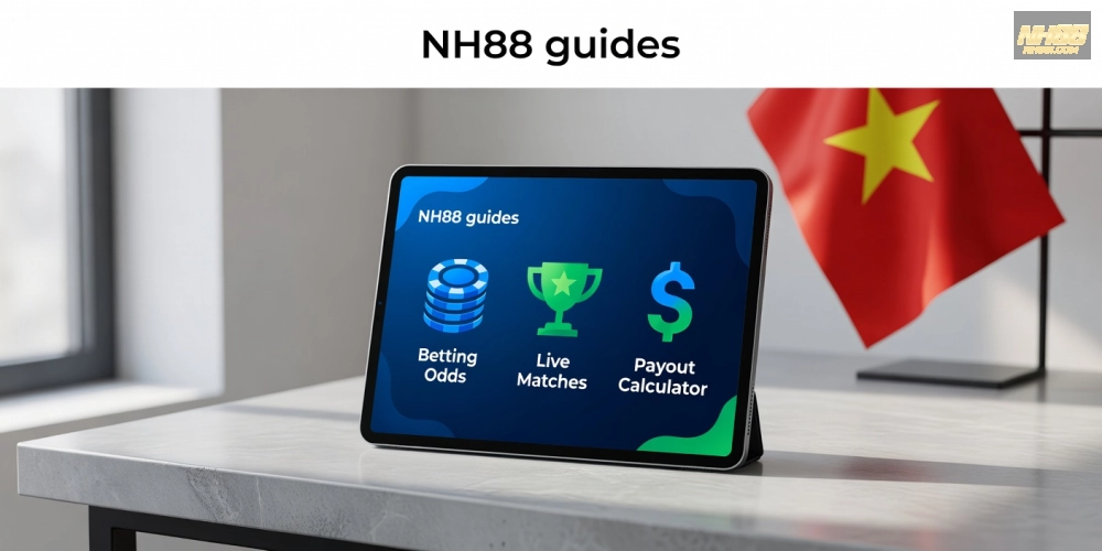 Minh họa khái niệm hướng dẫn nh88 với biểu tượng nền tảng cá cược hiện đại và tài liệu hướng dẫn rõ ràng
