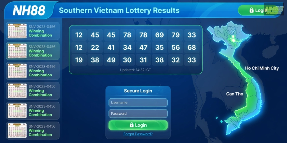 Giao diện nền tảng NH88 hiển thị kết quả xổ số miền Nam nhanh chóng và minh bạch.